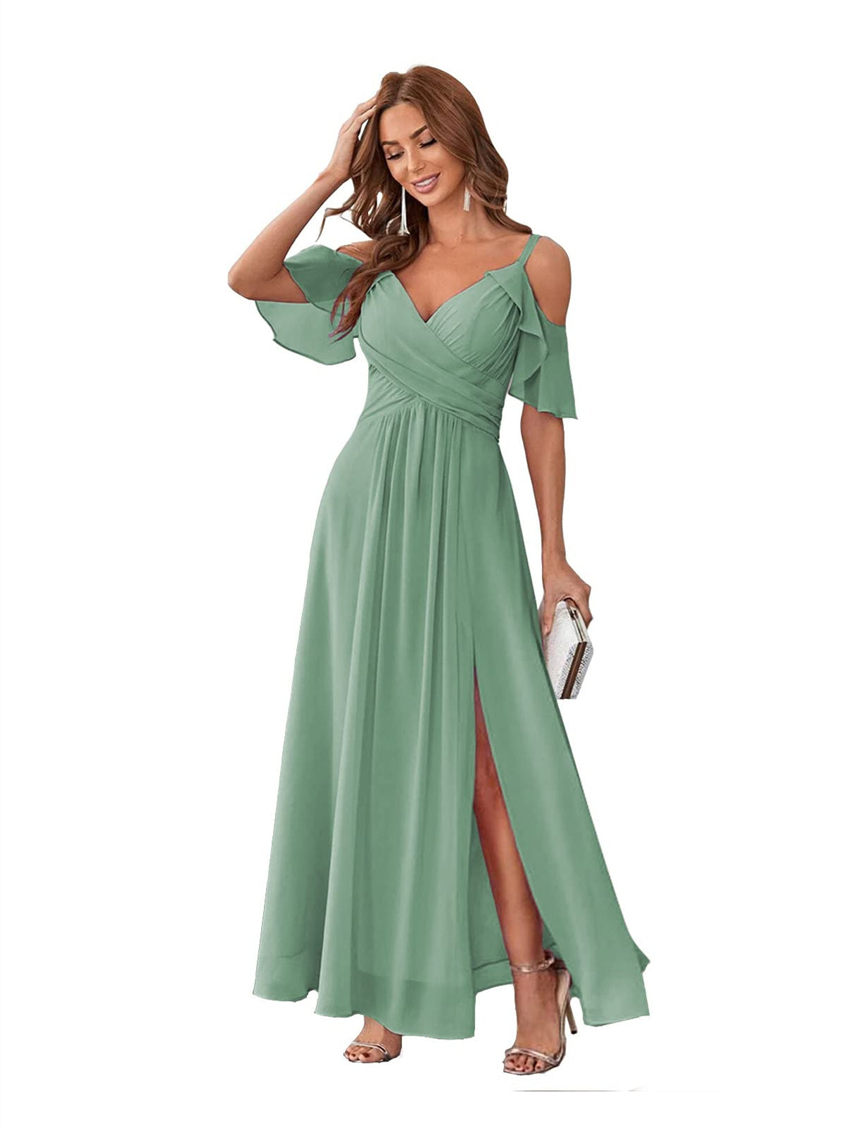 Princess A-Line V-Neck Chiffon Bridesmaid Dress with Ruffles, Spaghetti Straps, and Bow(s)