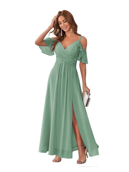 Princess A-Line V-Neck Chiffon Bridesmaid Dress with Ruffles, Spaghetti Straps, and Bow(s)
