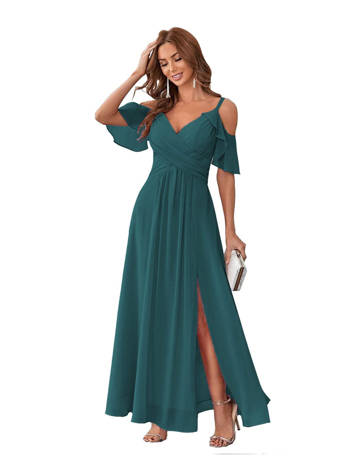 Princess A-Line V-Neck Chiffon Bridesmaid Dress with Ruffles, Spaghetti Straps, and Bow(s)