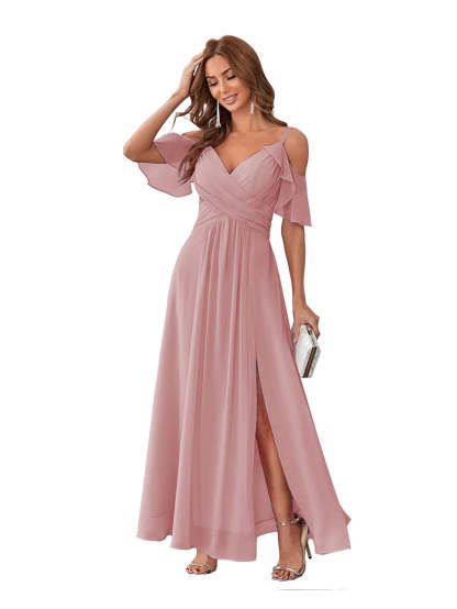 Princess A-Line V-Neck Chiffon Bridesmaid Dress with Ruffles, Spaghetti Straps, and Bow(s)