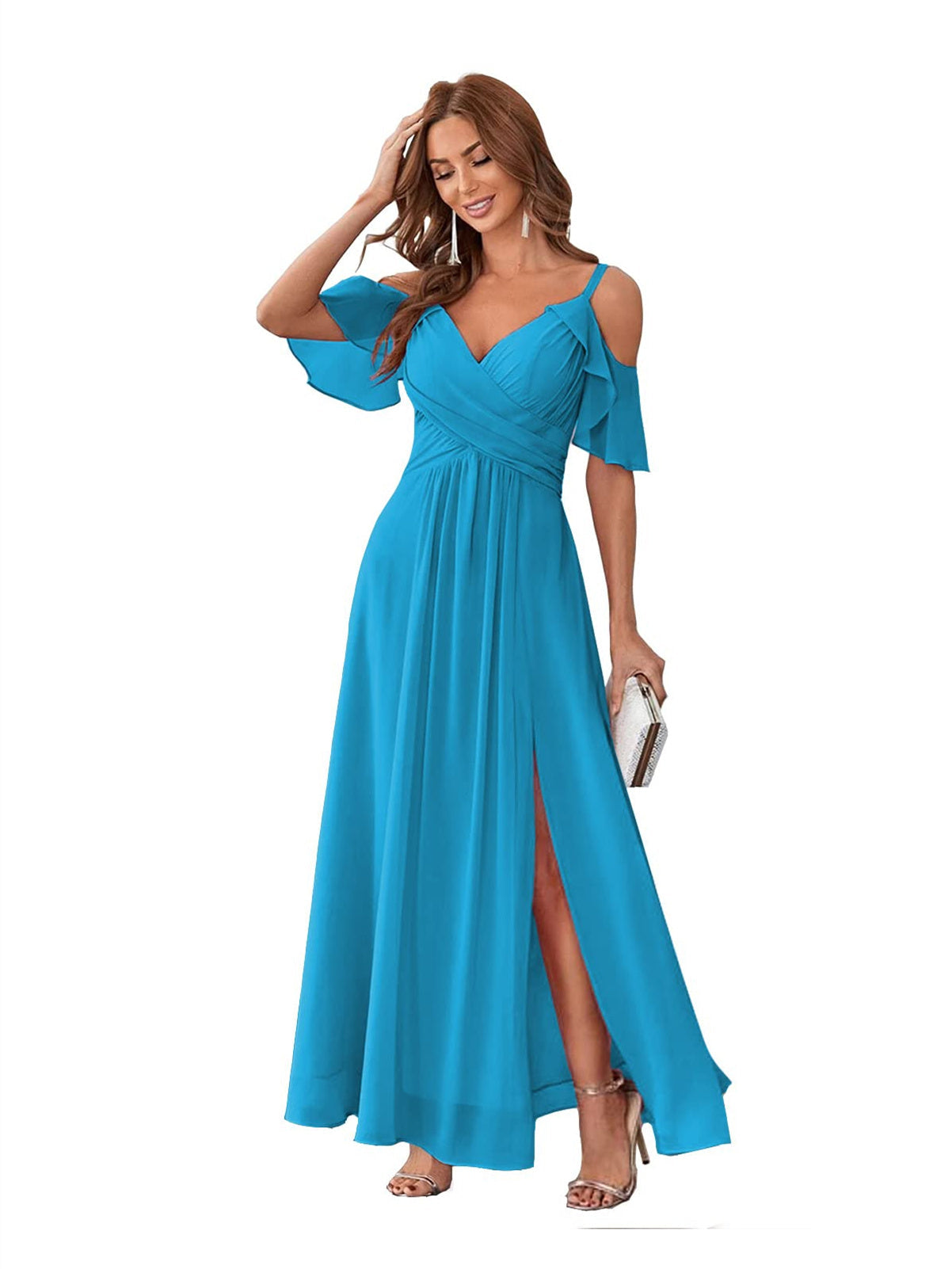 Princess A-Line V-Neck Chiffon Bridesmaid Dress with Ruffles, Spaghetti Straps, and Bow(s)