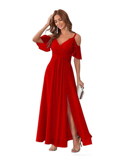 Princess A-Line V-Neck Chiffon Bridesmaid Dress with Ruffles, Spaghetti Straps, and Bow(s)