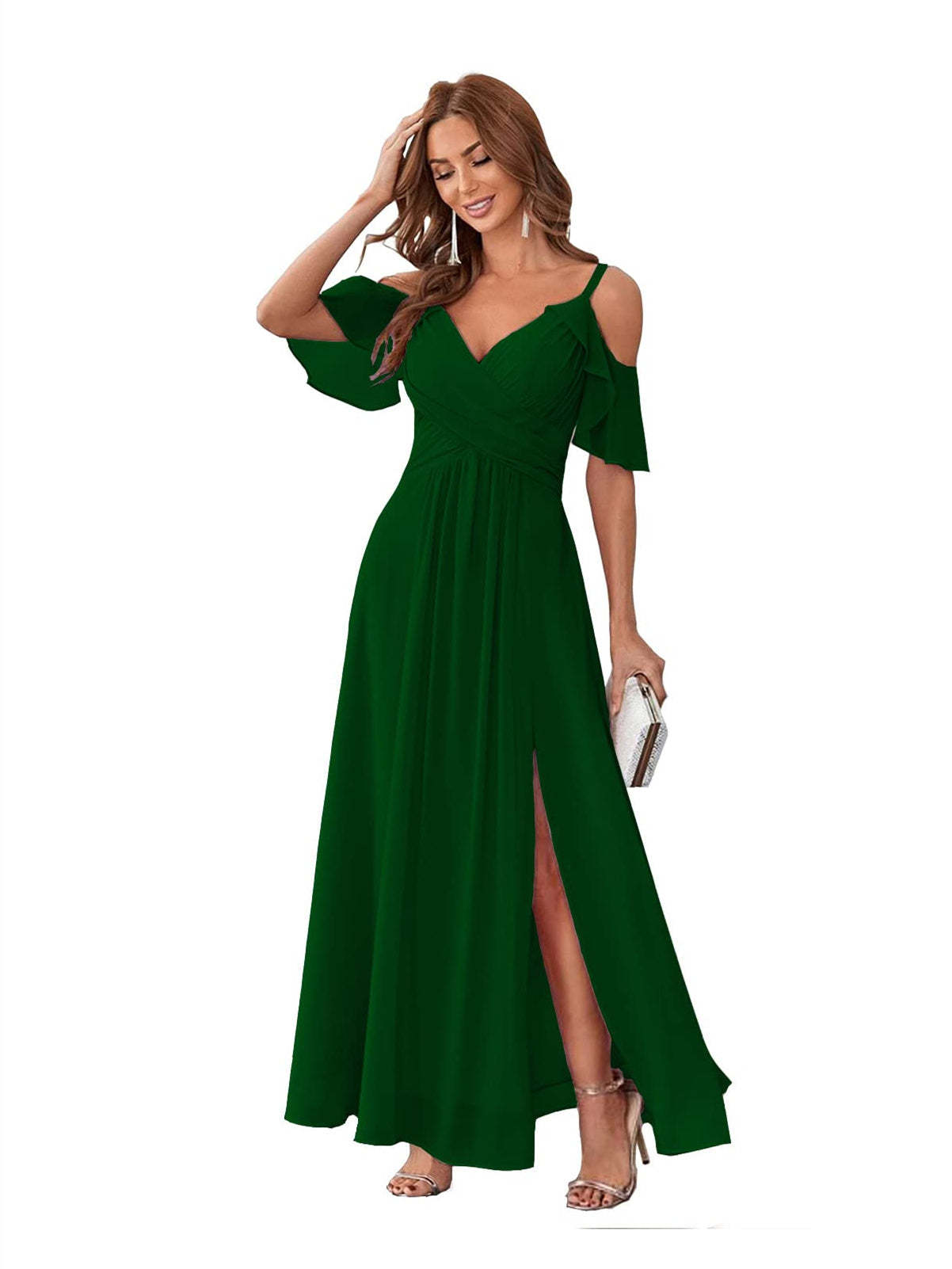 Princess A-Line V-Neck Chiffon Bridesmaid Dress with Ruffles, Spaghetti Straps, and Bow(s)