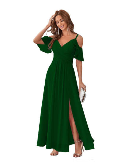 Princess A-Line V-Neck Chiffon Bridesmaid Dress with Ruffles, Spaghetti Straps, and Bow(s)