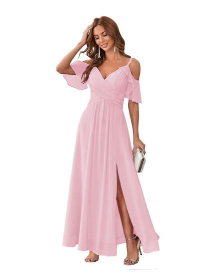 Princess A-Line V-Neck Chiffon Bridesmaid Dress with Ruffles, Spaghetti Straps, and Bow(s)