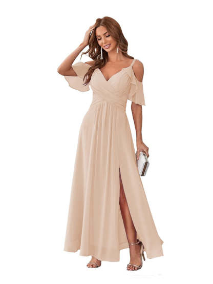 Princess A-Line V-Neck Chiffon Bridesmaid Dress with Ruffles, Spaghetti Straps, and Bow(s)