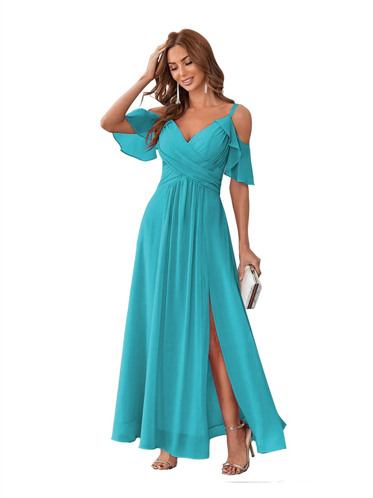 Princess A-Line V-Neck Chiffon Bridesmaid Dress with Ruffles, Spaghetti Straps, and Bow(s)