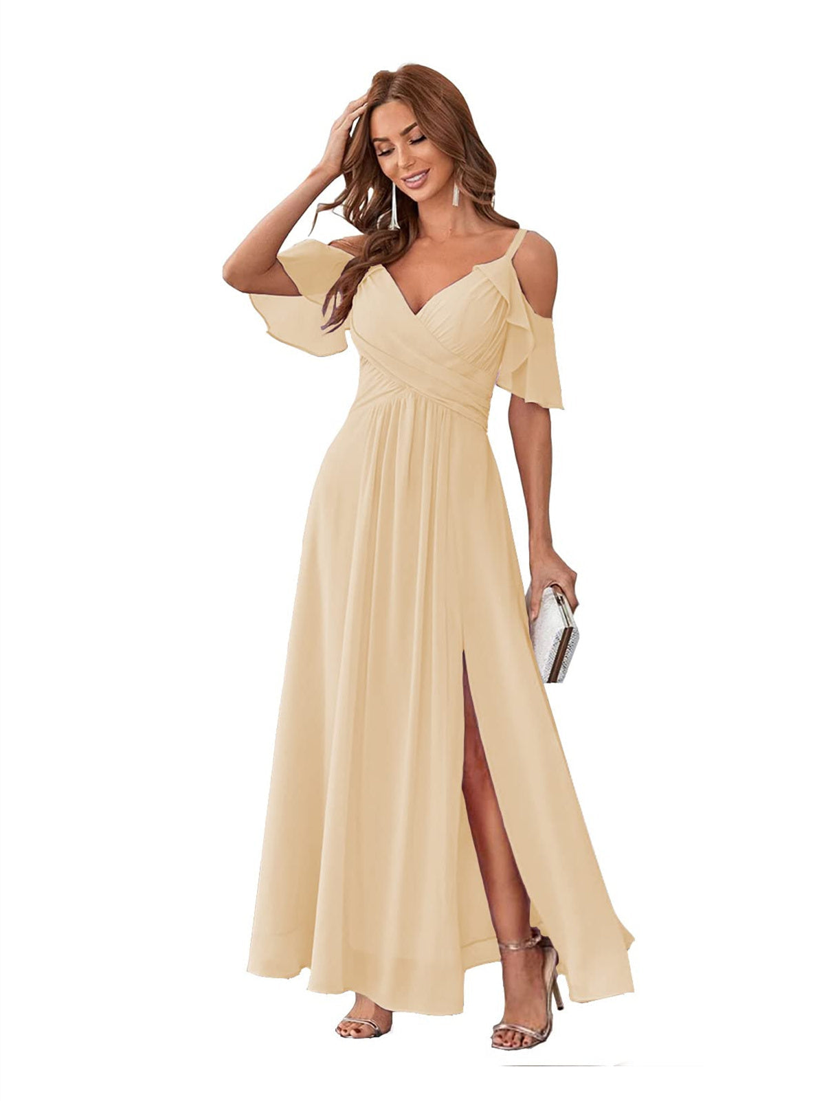 Princess A-Line V-Neck Chiffon Bridesmaid Dress with Ruffles, Spaghetti Straps, and Bow(s)