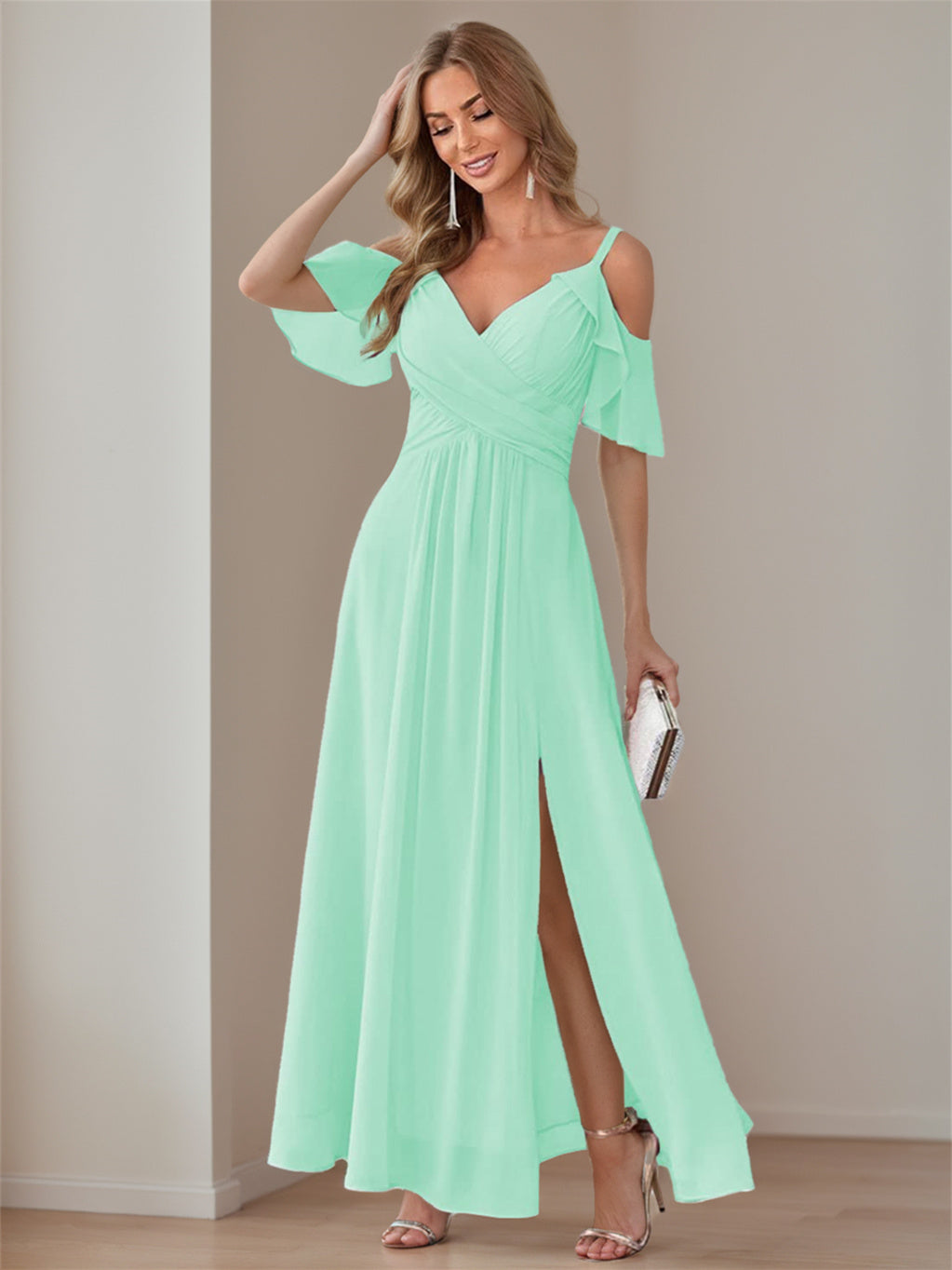 Princess A-Line V-Neck Chiffon Bridesmaid Dress with Ruffles, Spaghetti Straps, and Bow(s)
