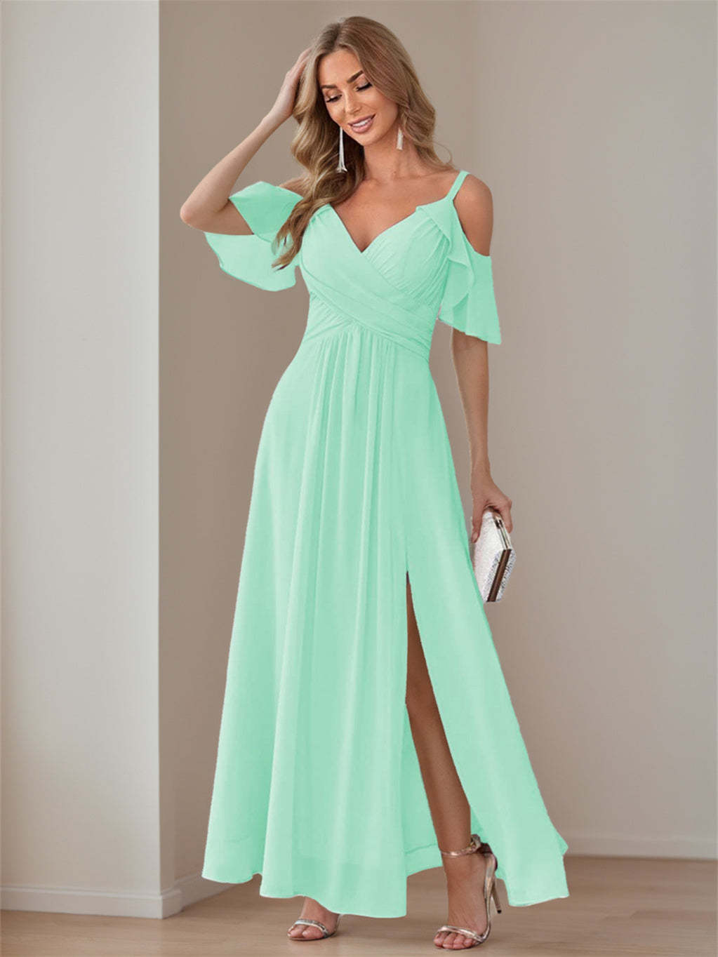 Princess A-Line V-Neck Chiffon Bridesmaid Dress with Ruffles, Spaghetti Straps, and Bow(s)