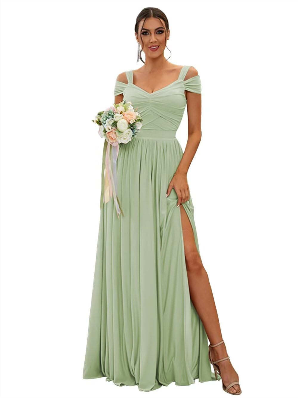 Floor-length Chiffon Bridesmaid Dresses with Ruffles – Off-the-shoulder A-line/Princess Sleeveless