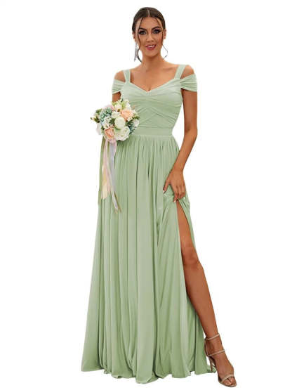 Floor-length Chiffon Bridesmaid Dresses with Ruffles – Off-the-shoulder A-line/Princess Sleeveless