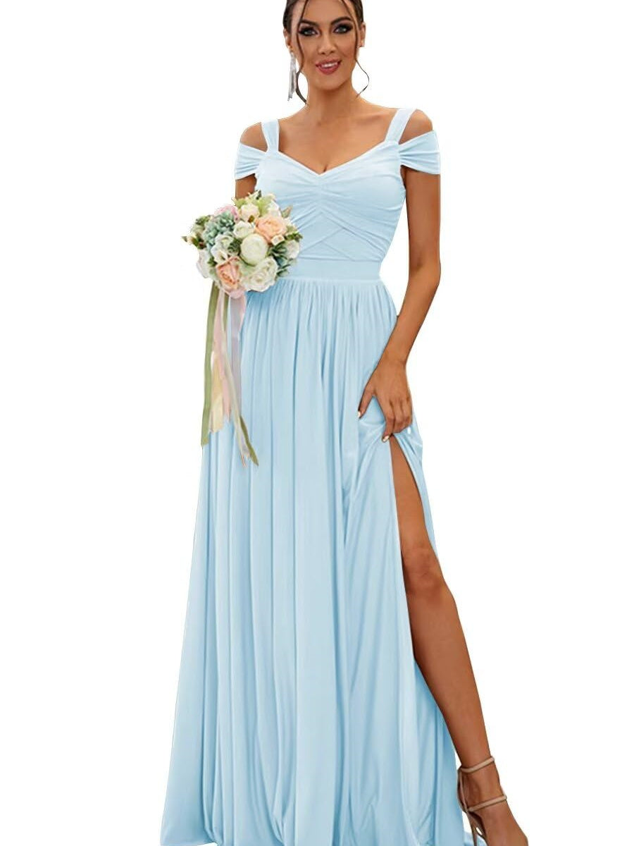 Floor-length Chiffon Bridesmaid Dresses with Ruffles – Off-the-shoulder A-line/Princess Sleeveless