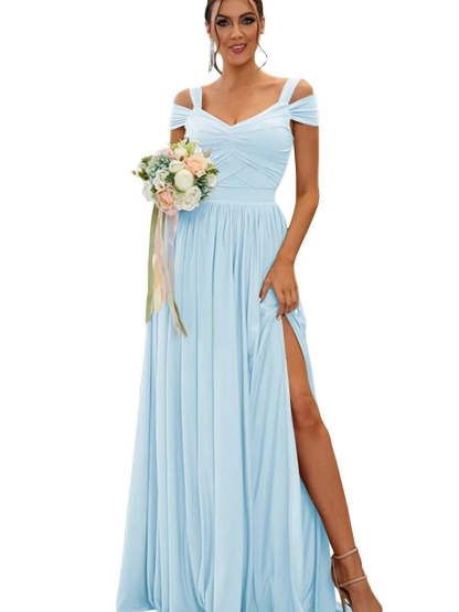 Floor-length Chiffon Bridesmaid Dresses with Ruffles – Off-the-shoulder A-line/Princess Sleeveless