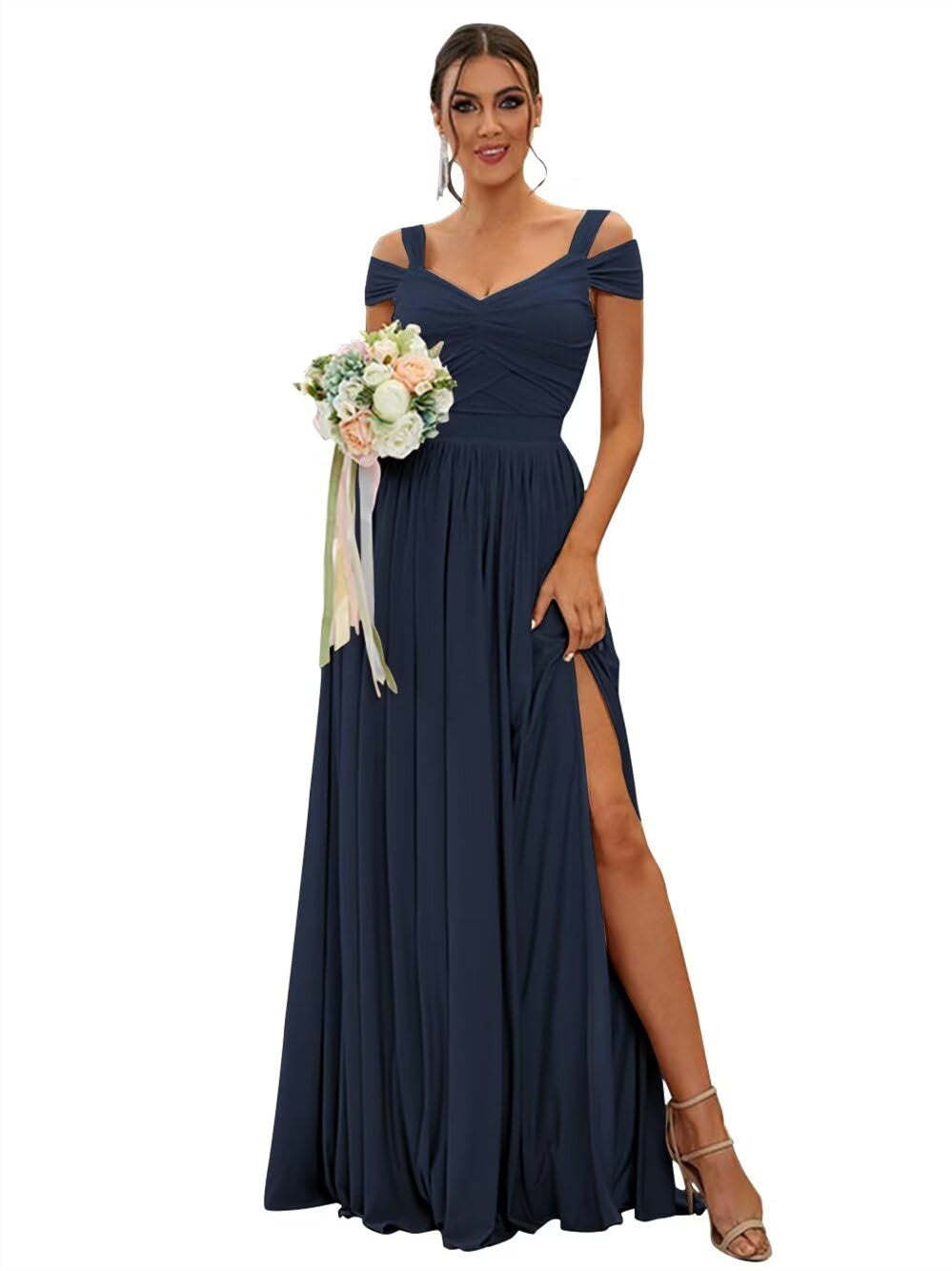 Floor-length Chiffon Bridesmaid Dresses with Ruffles – Off-the-shoulder A-line/Princess Sleeveless