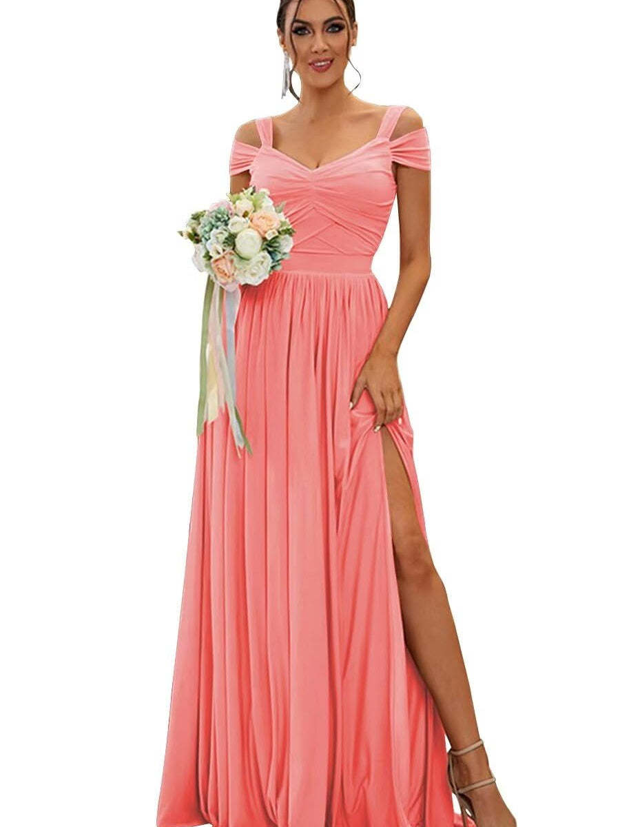 Floor-length Chiffon Bridesmaid Dresses with Ruffles – Off-the-shoulder A-line/Princess Sleeveless