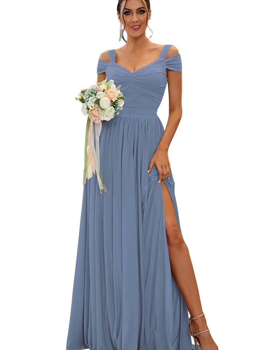 Floor-length Chiffon Bridesmaid Dresses with Ruffles – Off-the-shoulder A-line/Princess Sleeveless