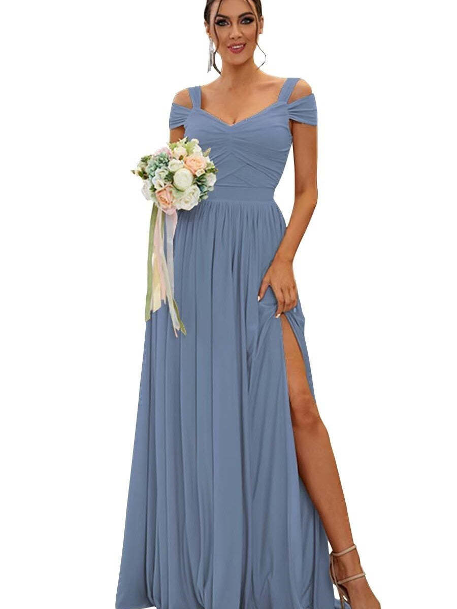 Floor-length Chiffon Bridesmaid Dresses with Ruffles – Off-the-shoulder A-line/Princess Sleeveless