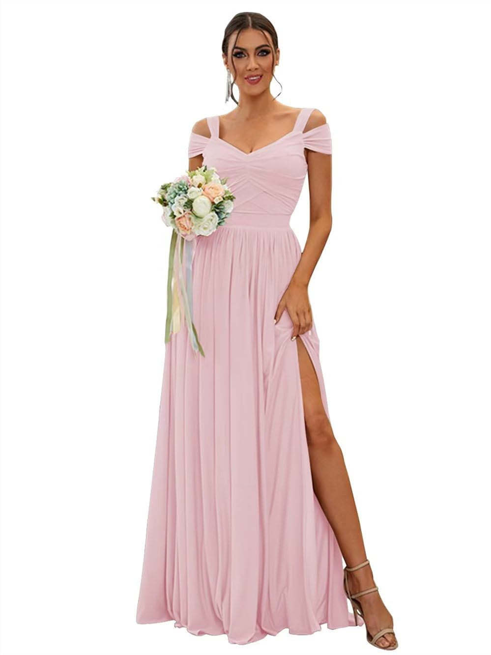 Floor-length Chiffon Bridesmaid Dresses with Ruffles – Off-the-shoulder A-line/Princess Sleeveless