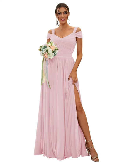 Floor-length Chiffon Bridesmaid Dresses with Ruffles – Off-the-shoulder A-line/Princess Sleeveless