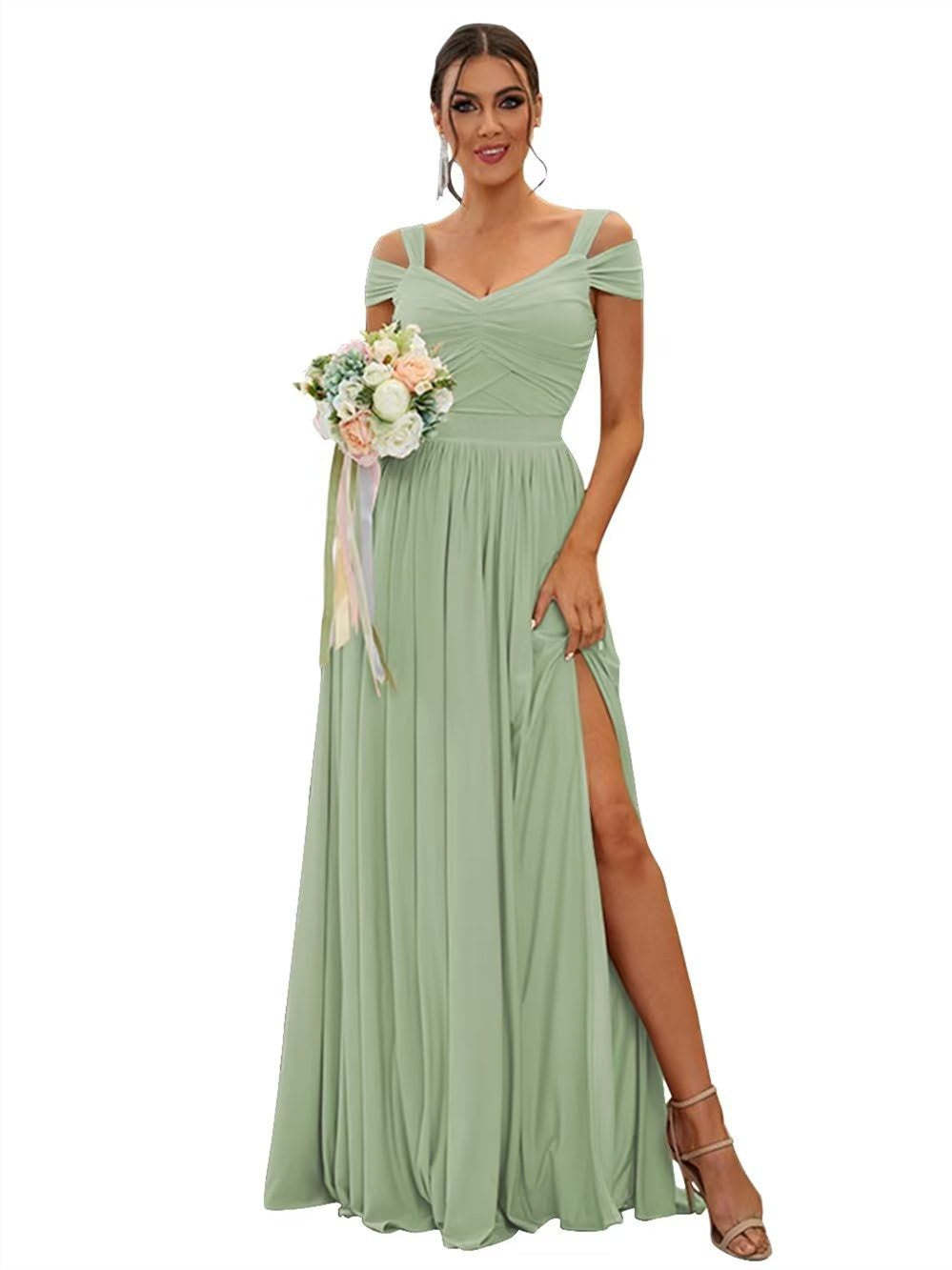 Floor-length Chiffon Bridesmaid Dresses with Ruffles – Off-the-shoulder A-line/Princess Sleeveless