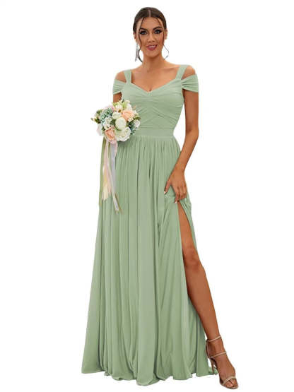 Floor-length Chiffon Bridesmaid Dresses with Ruffles – Off-the-shoulder A-line/Princess Sleeveless