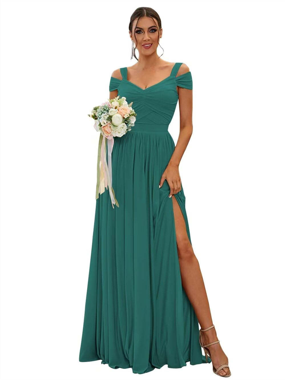 Floor-length Chiffon Bridesmaid Dresses with Ruffles – Off-the-shoulder A-line/Princess Sleeveless