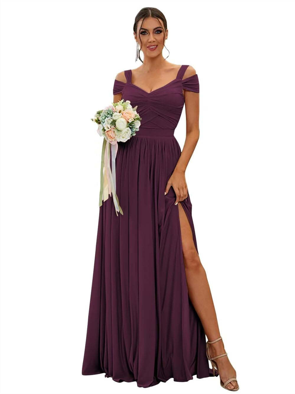 Floor-length Chiffon Bridesmaid Dresses with Ruffles – Off-the-shoulder A-line/Princess Sleeveless