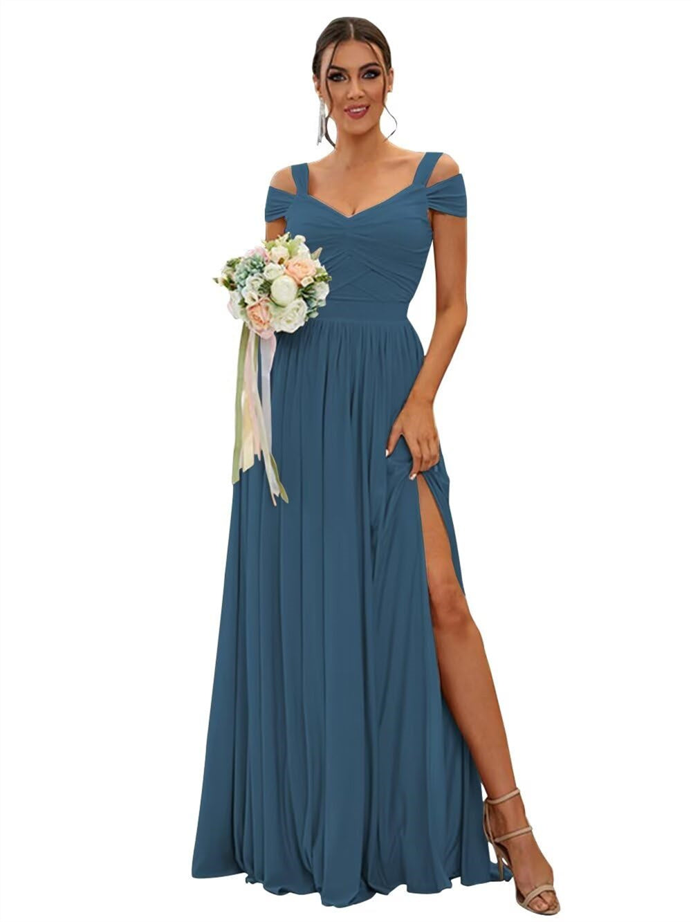 Floor-length Chiffon Bridesmaid Dresses with Ruffles – Off-the-shoulder A-line/Princess Sleeveless