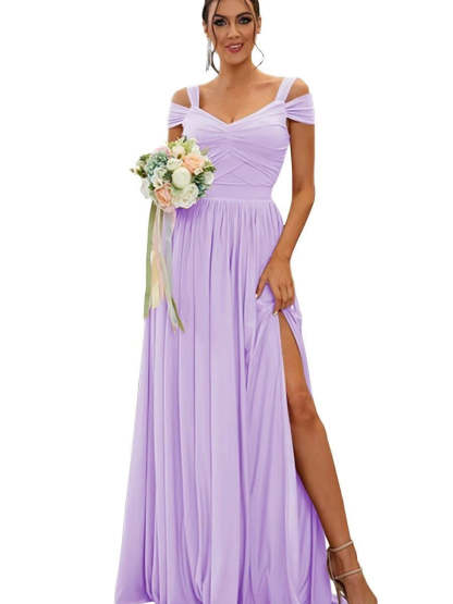Floor-length Chiffon Bridesmaid Dresses with Ruffles – Off-the-shoulder A-line/Princess Sleeveless