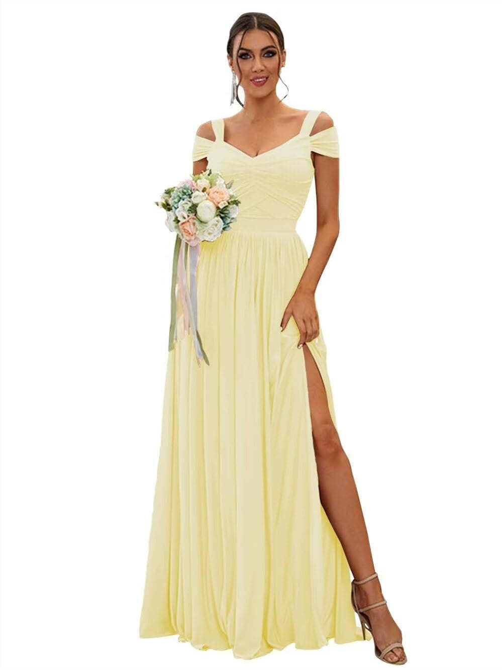Floor-length Chiffon Bridesmaid Dresses with Ruffles – Off-the-shoulder A-line/Princess Sleeveless