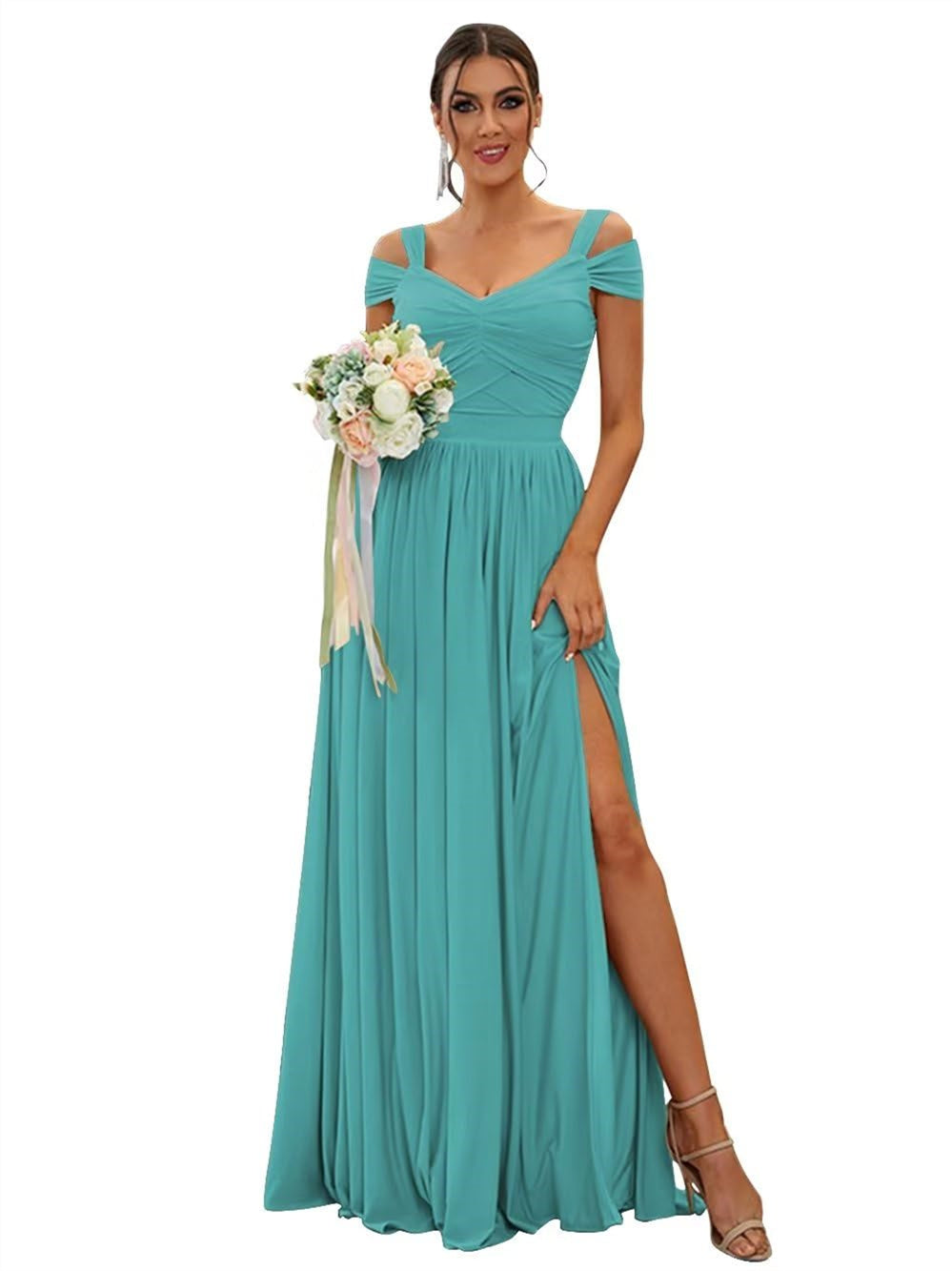 Floor-length Chiffon Bridesmaid Dresses with Ruffles – Off-the-shoulder A-line/Princess Sleeveless