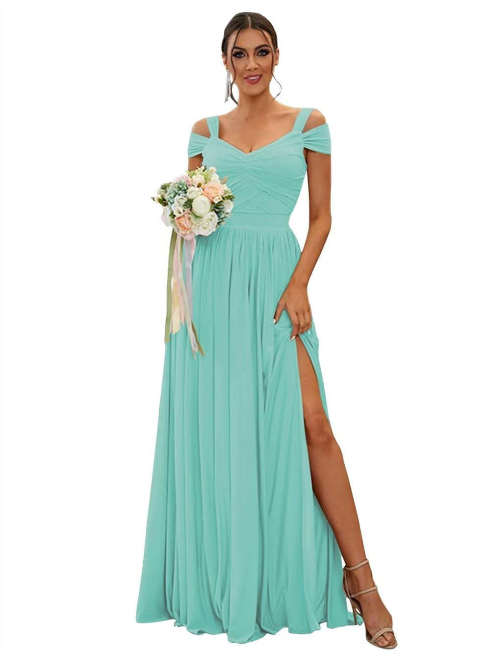 Floor-length Chiffon Bridesmaid Dresses with Ruffles – Off-the-shoulder A-line/Princess Sleeveless