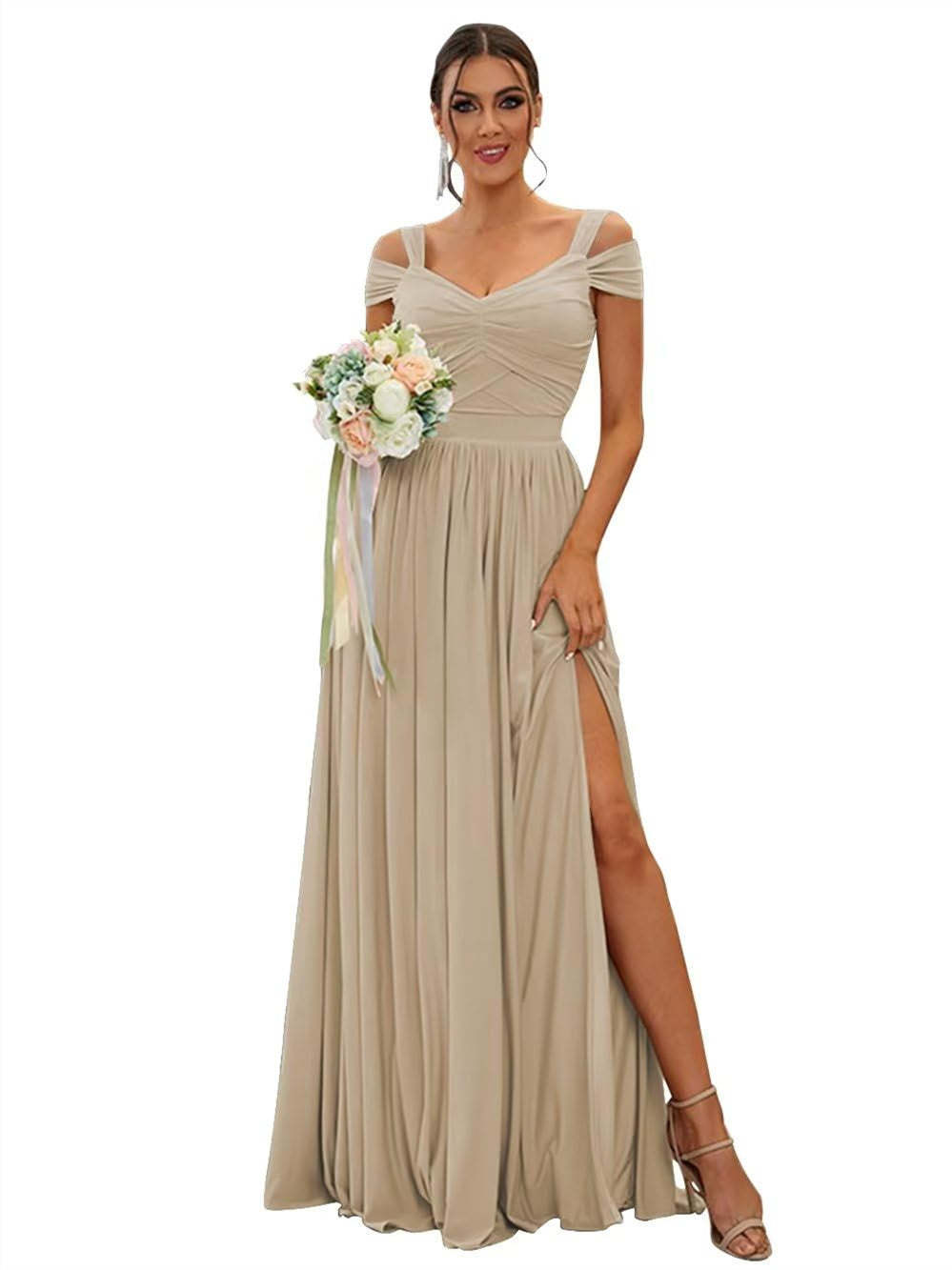 Floor-length Chiffon Bridesmaid Dresses with Ruffles – Off-the-shoulder A-line/Princess Sleeveless