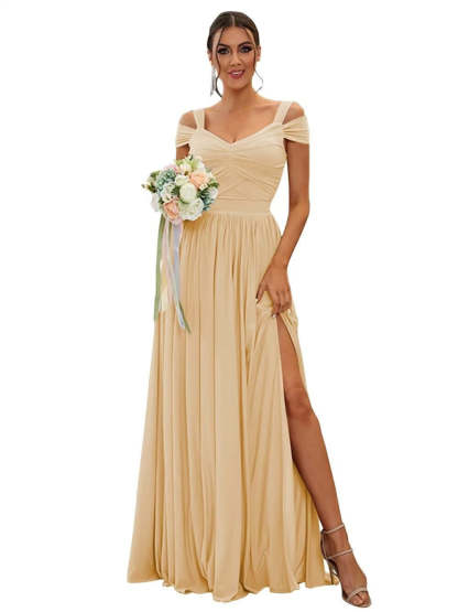 Floor-length Chiffon Bridesmaid Dresses with Ruffles – Off-the-shoulder A-line/Princess Sleeveless