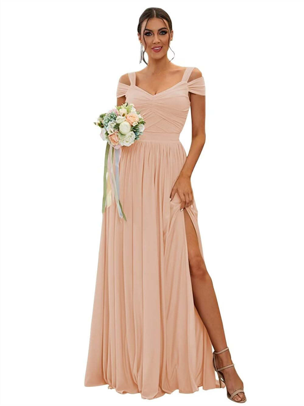 Floor-length Chiffon Bridesmaid Dresses with Ruffles – Off-the-shoulder A-line/Princess Sleeveless