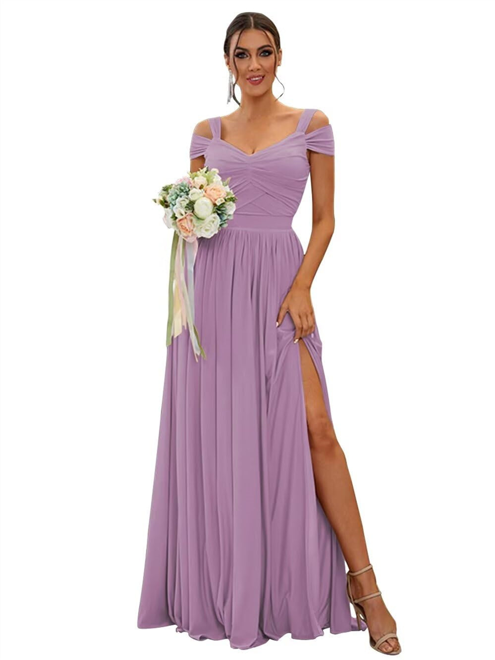 Floor-length Chiffon Bridesmaid Dresses with Ruffles – Off-the-shoulder A-line/Princess Sleeveless