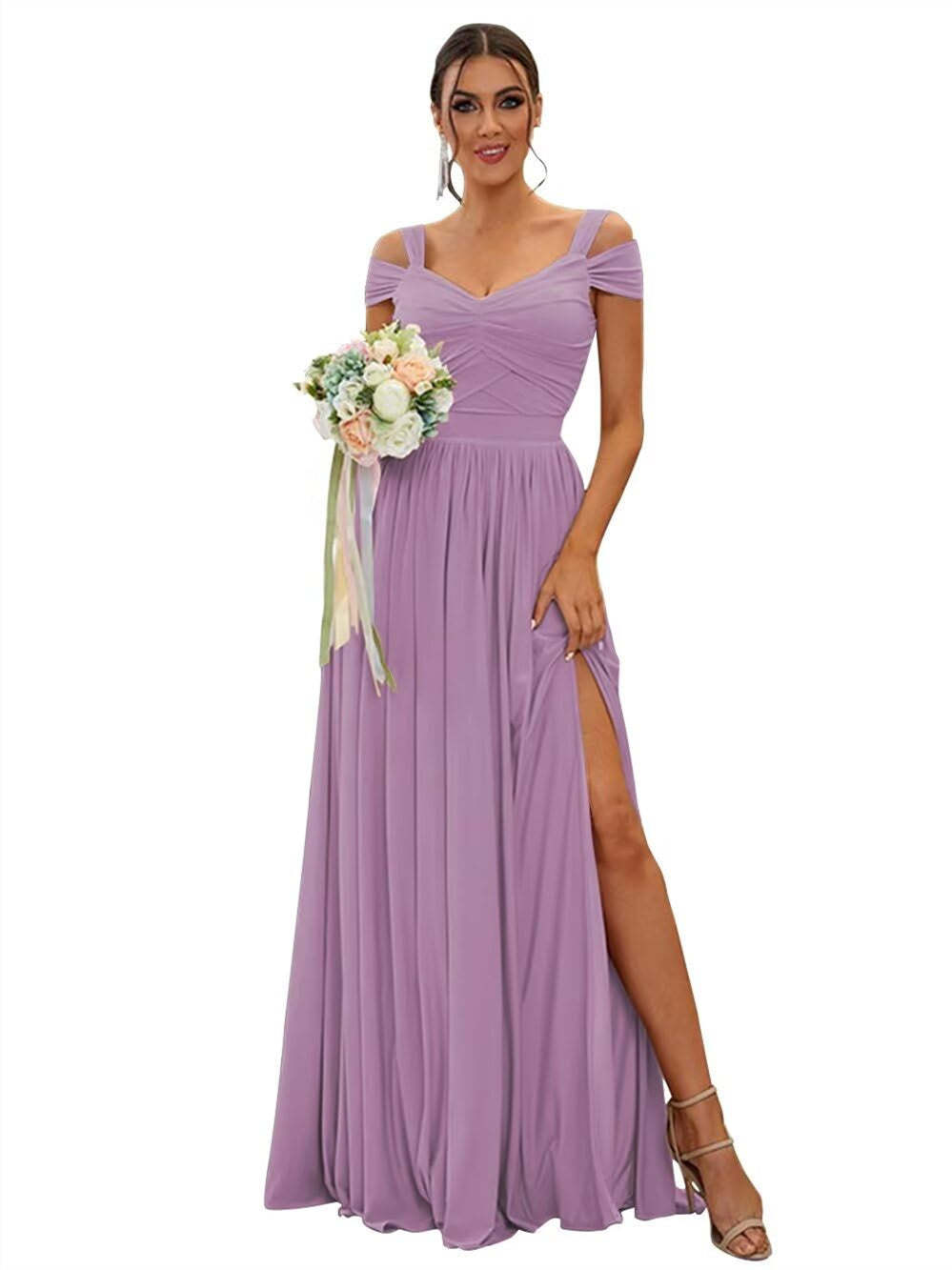 Floor-length Chiffon Bridesmaid Dresses with Ruffles – Off-the-shoulder A-line/Princess Sleeveless