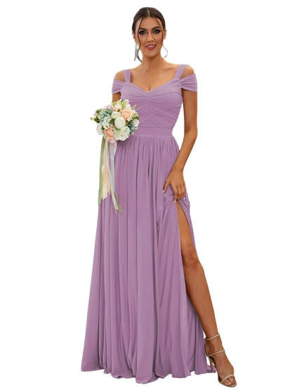 Floor-length Chiffon Bridesmaid Dresses with Ruffles – Off-the-shoulder A-line/Princess Sleeveless