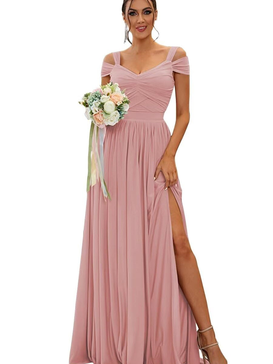 Floor-length Chiffon Bridesmaid Dresses with Ruffles – Off-the-shoulder A-line/Princess Sleeveless