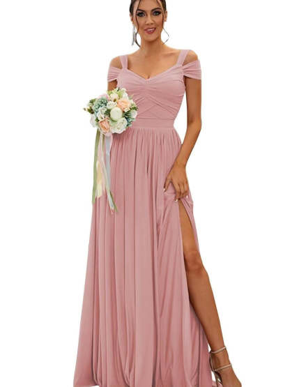 Floor-length Chiffon Bridesmaid Dresses with Ruffles – Off-the-shoulder A-line/Princess Sleeveless