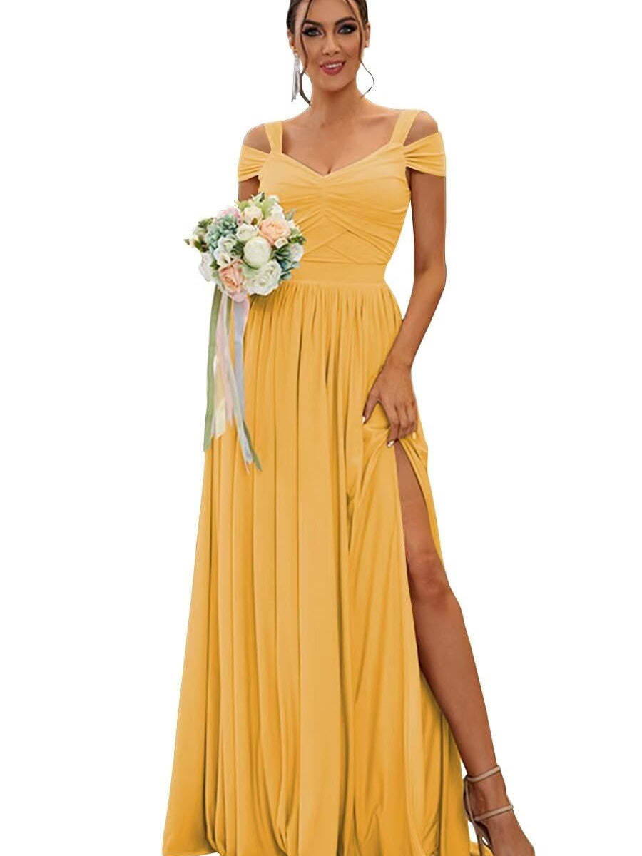 Floor-length Chiffon Bridesmaid Dresses with Ruffles – Off-the-shoulder A-line/Princess Sleeveless
