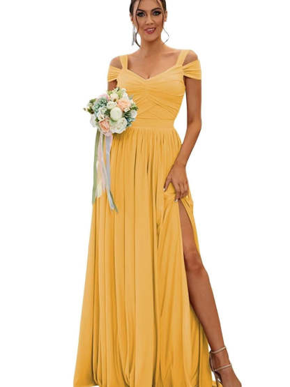 Floor-length Chiffon Bridesmaid Dresses with Ruffles – Off-the-shoulder A-line/Princess Sleeveless