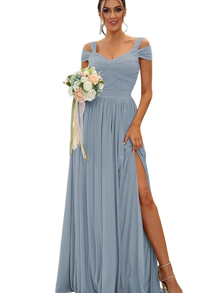 Floor-length Chiffon Bridesmaid Dresses with Ruffles – Off-the-shoulder A-line/Princess Sleeveless