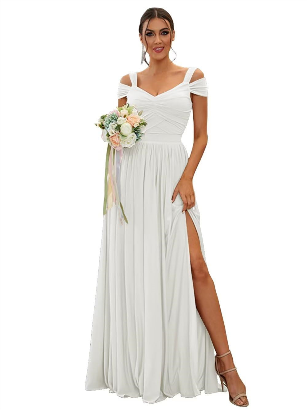 Floor-length Chiffon Bridesmaid Dresses with Ruffles – Off-the-shoulder A-line/Princess Sleeveless