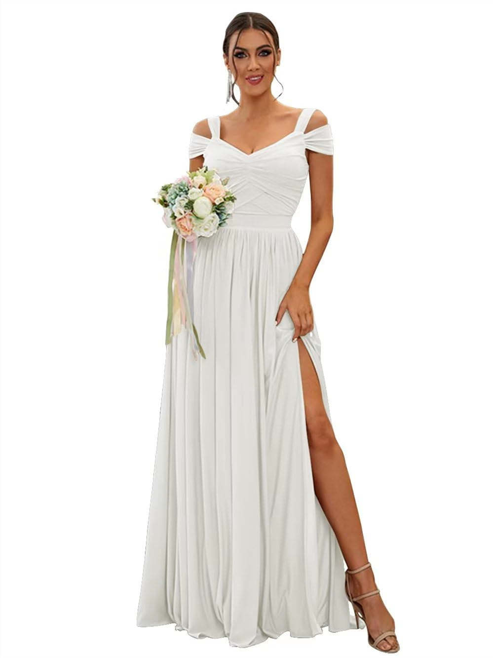 Floor-length Chiffon Bridesmaid Dresses with Ruffles – Off-the-shoulder A-line/Princess Sleeveless