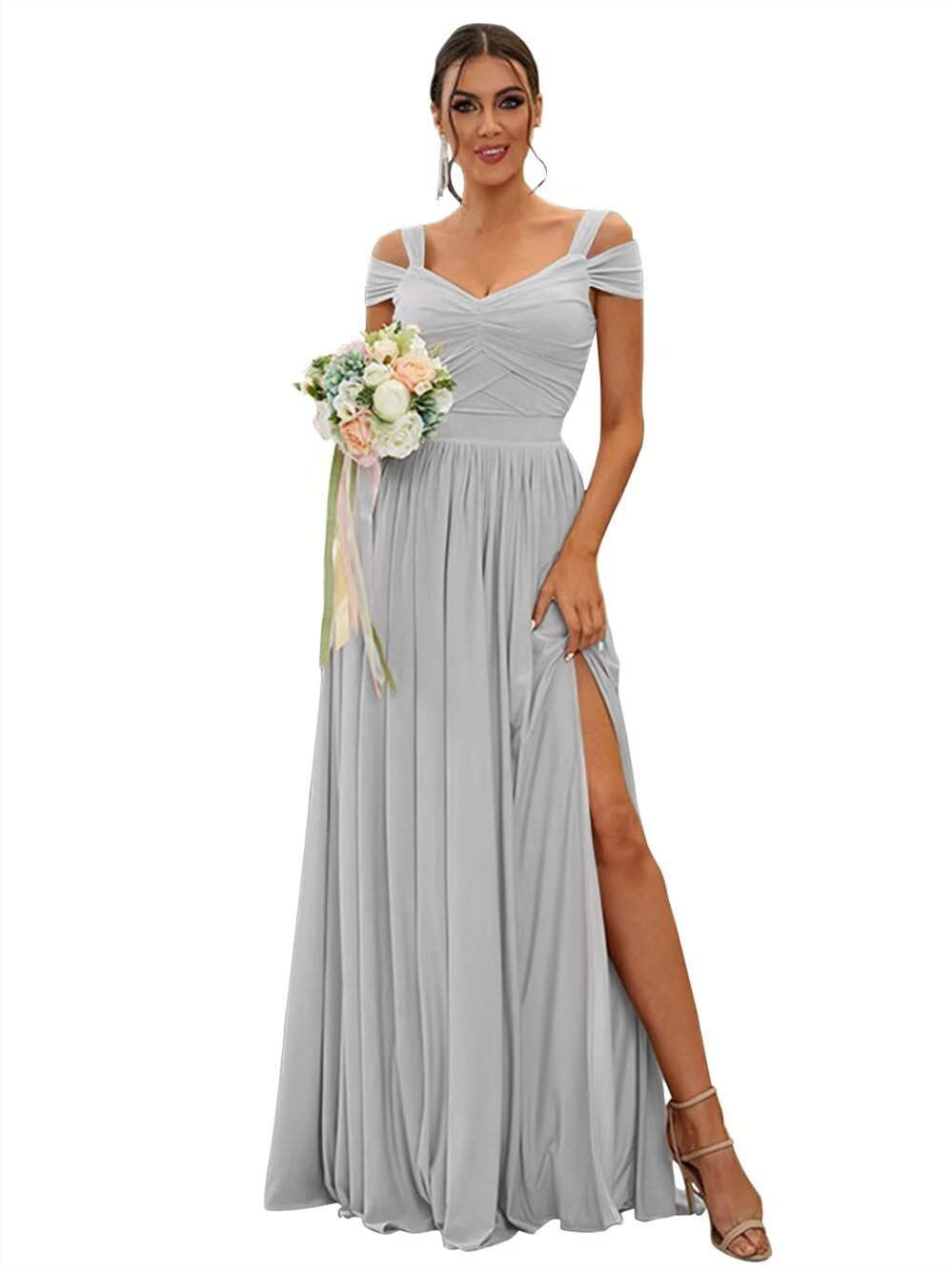Floor-length Chiffon Bridesmaid Dresses with Ruffles – Off-the-shoulder A-line/Princess Sleeveless
