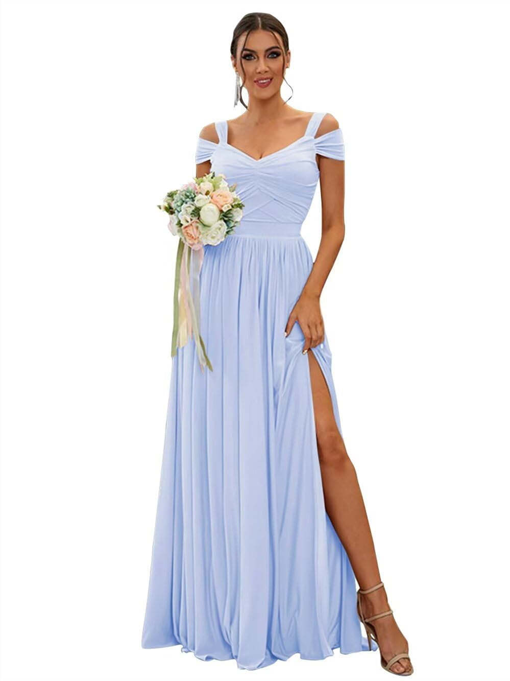 Floor-length Chiffon Bridesmaid Dresses with Ruffles – Off-the-shoulder A-line/Princess Sleeveless