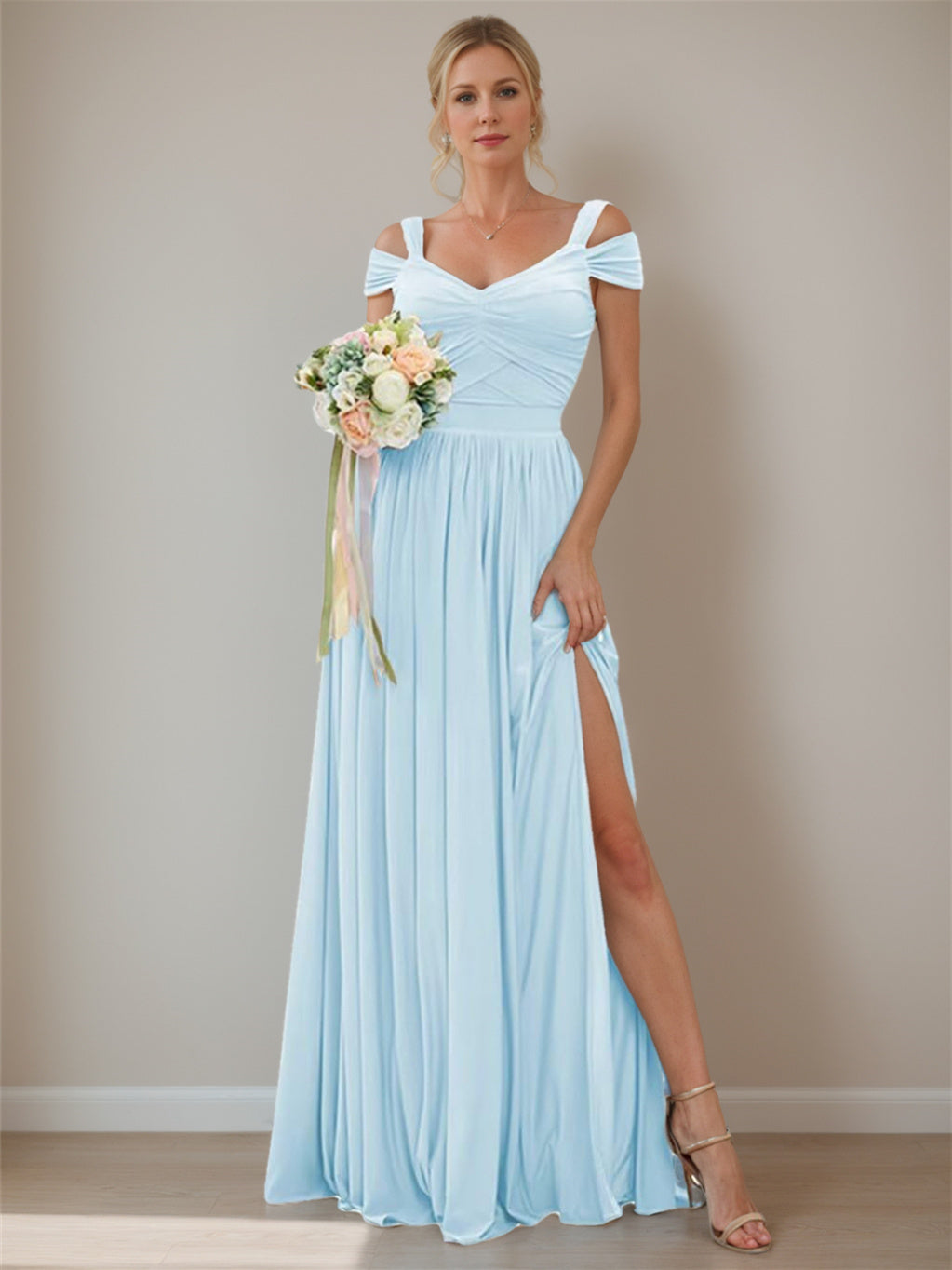 Floor-length Chiffon Bridesmaid Dresses with Ruffles – Off-the-shoulder A-line/Princess Sleeveless