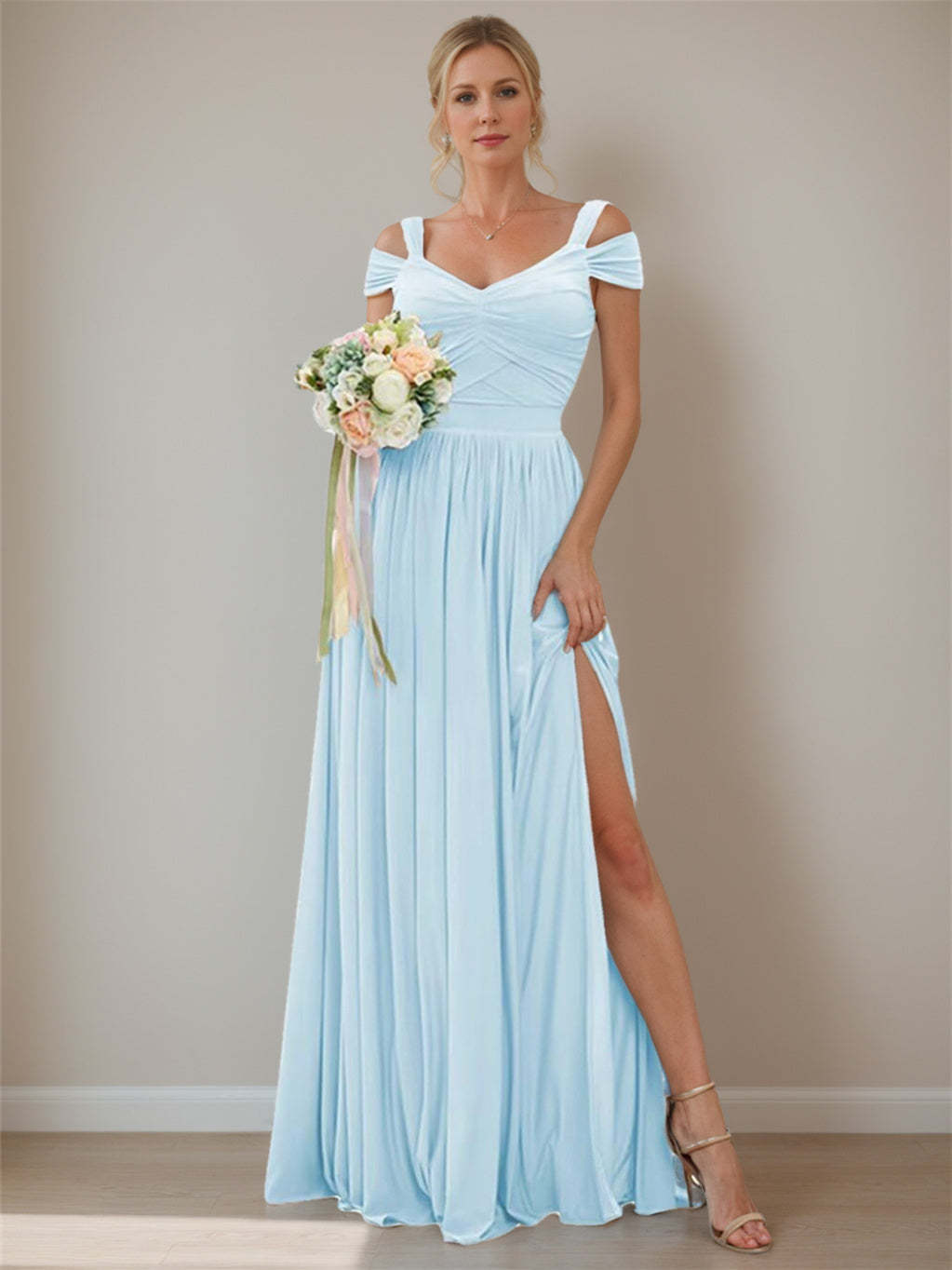 Floor-length Chiffon Bridesmaid Dresses with Ruffles – Off-the-shoulder A-line/Princess Sleeveless